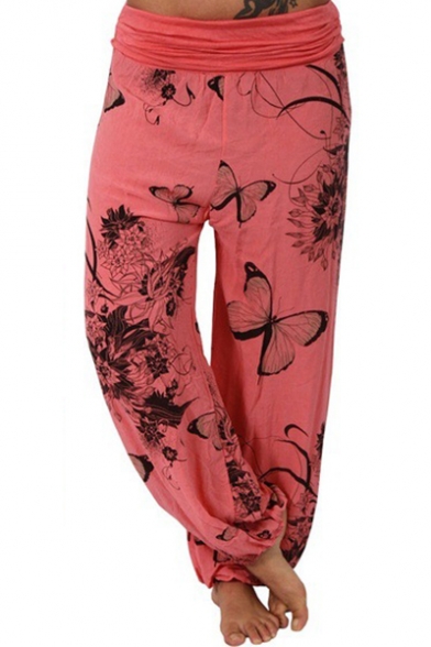 Womens New Stylish Elastic Waist Butterfly Printed Leisure Loose Wide Leg Pants