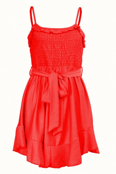 Womens Plain Fashion Ruffled Hem Tied Waist Mini A-Line Cami Dress