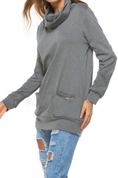 Womens Popular Button Cowl Neck Long Sleeve Plain Loose Fit Sweatshirt
