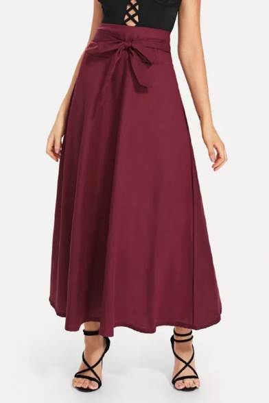 Womens Stylish Bow-Tied Waist High Rise Simple Plain Maxi Flared Skirt