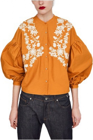 Womens Stylish Floral Embroidered Stand Collar Bubble Sleeve Loose Shirts