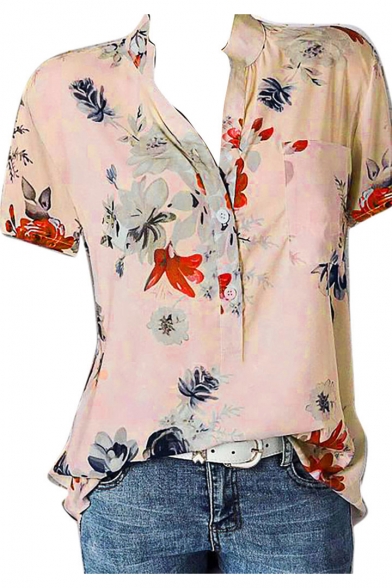 Womens Summer Fancy Floral Print Button V-Neck Short Sleeve Casual Blouse Top