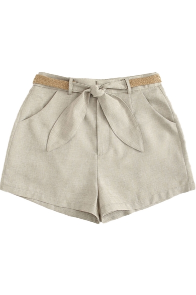 Womens Summer Fashion Beige Linen Bow-Tied Waist Loose Casual Shorts