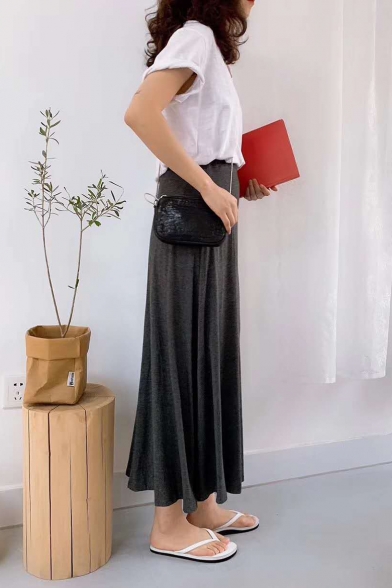Womens Summer Simple Plain High Slit Side Modal Maxi Skirt