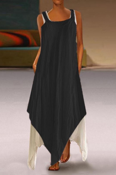 Womens Summer Trendy Boutique Fake Two-Piece Cotton Maxi Asymmetrical Strap Dress