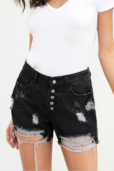 Womens Trendy Button-Fly Distressed Ripped High Rise Denim Shorts
