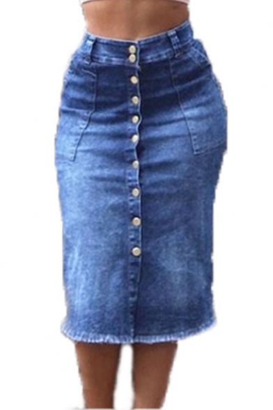 Womens Trendy Washed Button Front High Waist Fringe Hem Slim Fitted Midi Denim Skirt