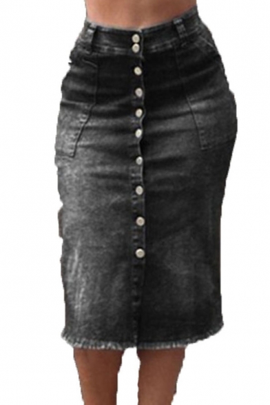 Womens Trendy Washed Button Front High Waist Fringe Hem Slim Fitted Midi Denim Skirt