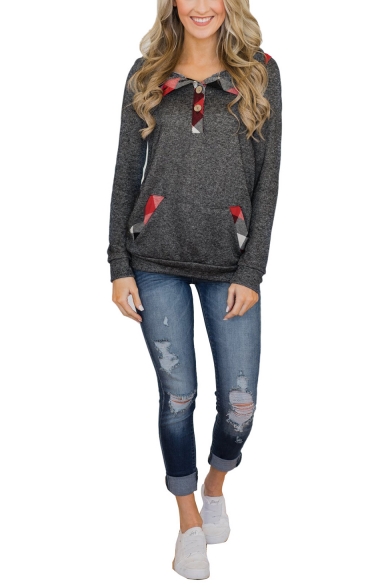 Womens Unique Plaid Patched Button Front Turn-Down Collar Long Sleve Casual Sweatshirt