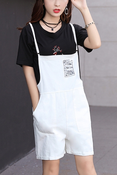 Active Students Basic Simple Letter Print Spaghetti Straps Pocket Front Overall Rompers