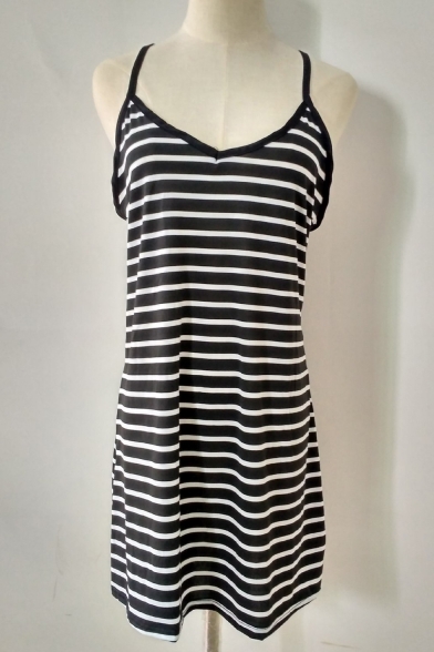 Black and White Striped Print V-Neck Sleeveless Mini Cami Dress