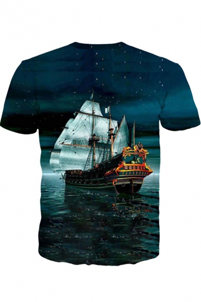 Blue Starry Night Sailing Boat 3D Printed Round Neck Short Sleeve Basic T-Shirt