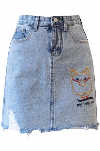 Cartoon Pig Letter MY BEST LOVE Embroidery Raw Hem High Waist Light Blue Mini A-Line Denim Skirt