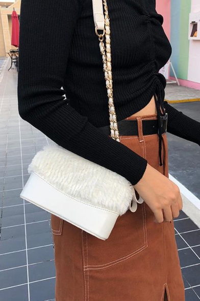 Chic Solid Color Plush Patched Chain Strap Crossbody Shoulder Bag for Women 18*12*6 CM