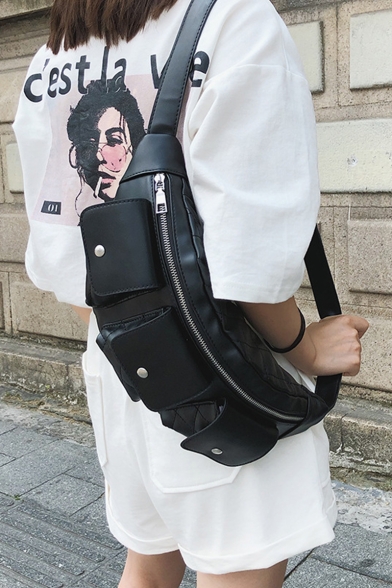 Cool Fashion Multi-pocket Solid Color Black PU Leather Crossbody Belt Bag 37*16*3 CM
