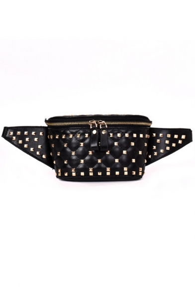 Cool Fashion Rivet Embellishment Diamond Check Quilted Waist Belt Bag Chest Bag 19*11*5 CM