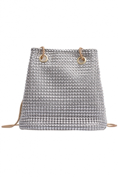 Cool Fashion Solid Color Rhinestone Embellishment Crossbody Bucket Bag with Chain Strap 15*14*10 CM