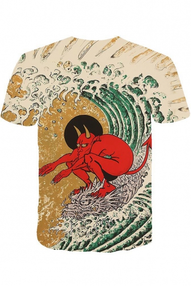 Cool Funny Surfing Devil 3D Printed Round Neck Short Sleeve Summer Tee