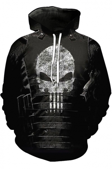 Cool Skull Printed Long Sleeve Black Sport Loose Hoodie