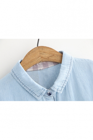 Cute Cartoon Animal Embroidery Long Sleeve Button Down Blue Chambray Shirt