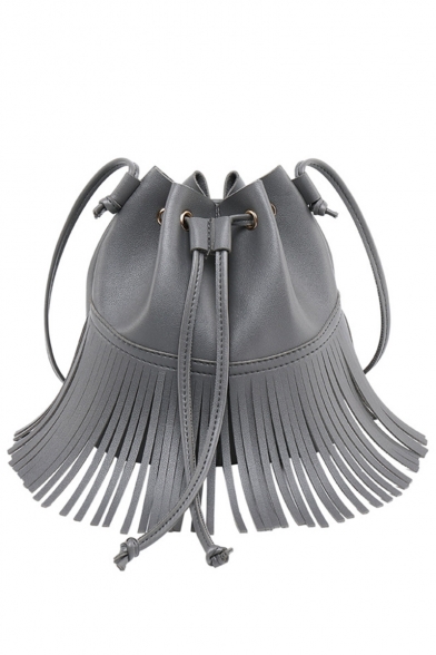Designer Fashion Solid Color PU Leather Fringe Bucket Bag 17*11*20 CM