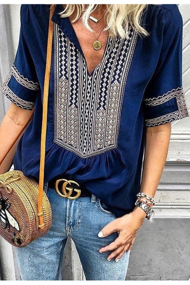 Ethnic Style Tribal Print V-Neck Half Sleeve Casual Loose Blouse Top