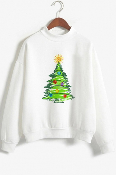 Fancy Christmas Tree Print Mock Neck Long Sleeve White Sweatshirt
