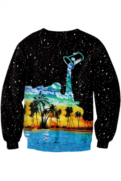 Fashion Black Starry Dropped Oil Painting Coconut Print Round Neck Casual Sweatshirt