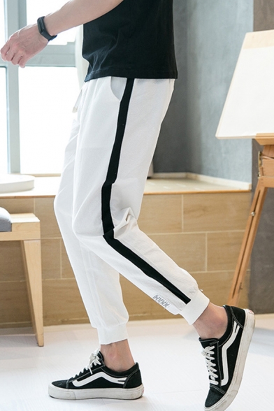 Fashion Colorblock Tape Patched Drawstring Waist Liner Casual Tapered Pants for Men