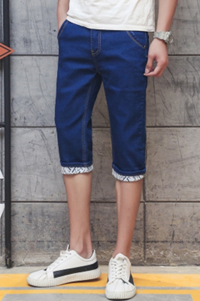 Fashion Plaid Pattern Rolled Cuffs Vintage Washed Button Embellishment Zip-fly Denim Shorts