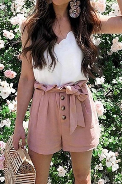 Fashion Plain Bow-Tied Waist Button-Fly Loose Leisure Paperbag Shorts