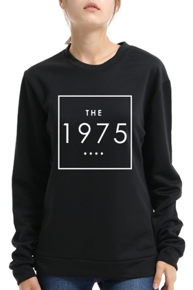 Fashion Simple Square Letter THE 1975 Print Crewneck Long Sleeve Casual Pullover Sweatshirt