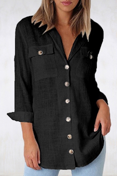 

Fashion Womens Plain V Neck Button Front Chest Front Pocket Button Down Loose Shirts, LM549692, Black;dark navy;red;white;khaki