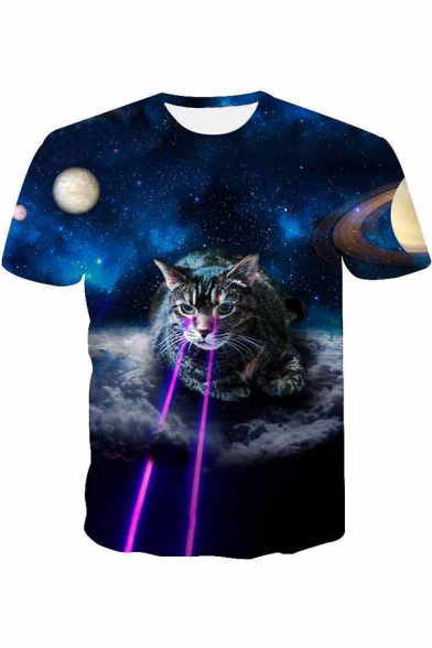 Funny Blue Galaxy Laser Cat 3D Printed Round Neck Short Sleeve T-Shirt