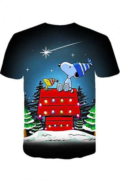 Funny Cartoon Christmas Snoopy 3D Printed Round Neck Short Sleeve Fitted Tee