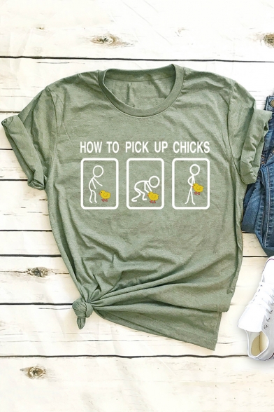 Funny Figure Letter HOW TO PICK UP CHICKS Pattern Casual Short Sleeve Graphic Tee