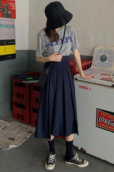 Girls Preppy Style Vintage Navy Blue High Waist Midi A-Line Pleated Skirt