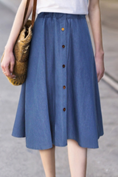 Girls Stylish Blue Button-Front Midi A-Line Denim Skirt