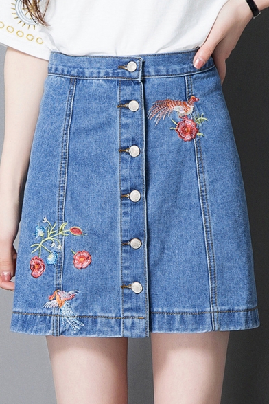 Girls Summer Chic Simple Floral Embroidery Button Down Blue Mini A-Line Denim Skirt