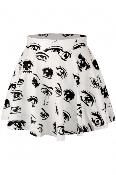 Girls Summer Fashion Black&White Eyes Print High Waist Mini Pleated Bubble Skirt
