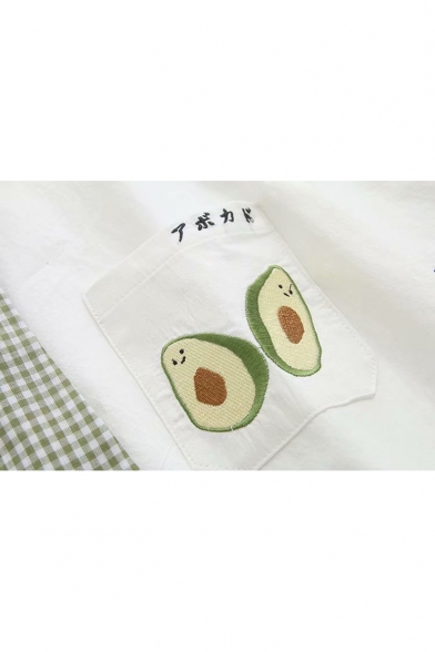 Girls Summer Funny Cartoon Avocado Pocket Tied Collar Short Sleeve White Shirt