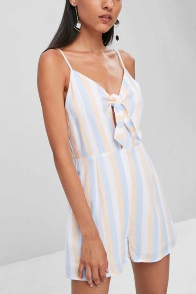 Girls Summer Straps Backless striped Print Cutout Casual Romper