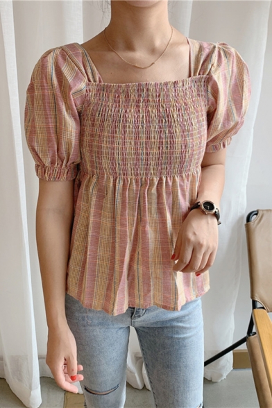 Girls Trendy Plaid Printed Vintage Square Neck Puff Short Sleeve Shirred Fitted Blouse Top