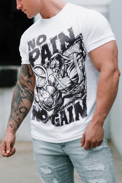 Guys Cool Muscle Figure Letter NO PAIN NO GAIN Printed Round Neck Short Sleeve White Tee