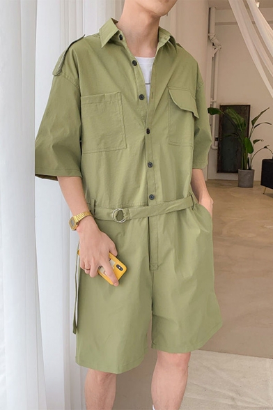 Guys New Popular Solid Color Half-Sleeved Button-Front Casual Fashion Work Coveralls Rompers
