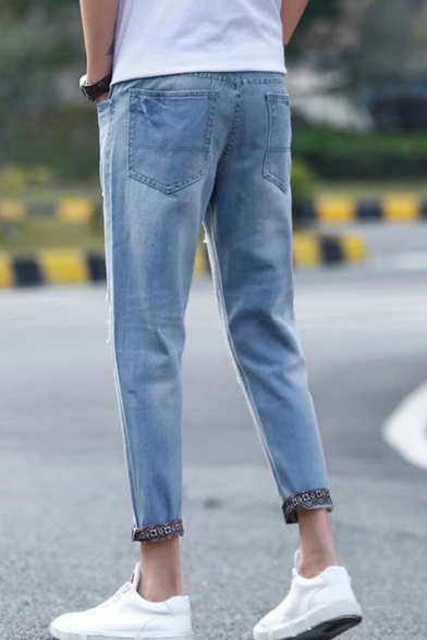 Guys Trendy Light Blue Regular Fit Rolled Cuffs Distressed Ripped Jeans