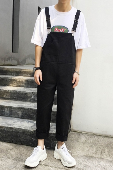 Guys Trendy Simple Plain Adjustable Straps Casual Loose Cotton Overalls