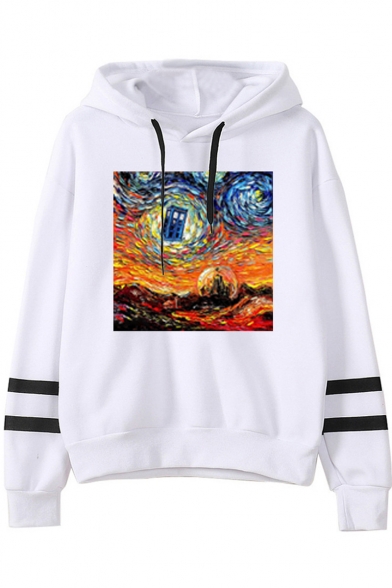 Hot Fashion Galaxy Oil Painting Striped Long Sleeve Loose Fitted Hoodie