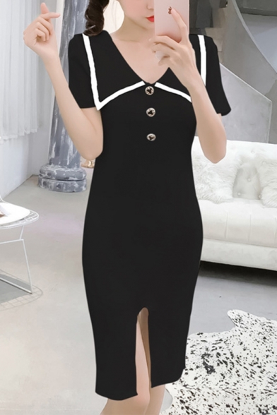 Hot Popular Chic Short Sleeve Button Embellished Contrast Trim Splits Front Midi Straight Dress for Office Lady