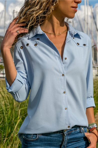 Hot Stylish Womens Plain Button Down Eyelet Embellished Long Sleeve Chiffon Shirts